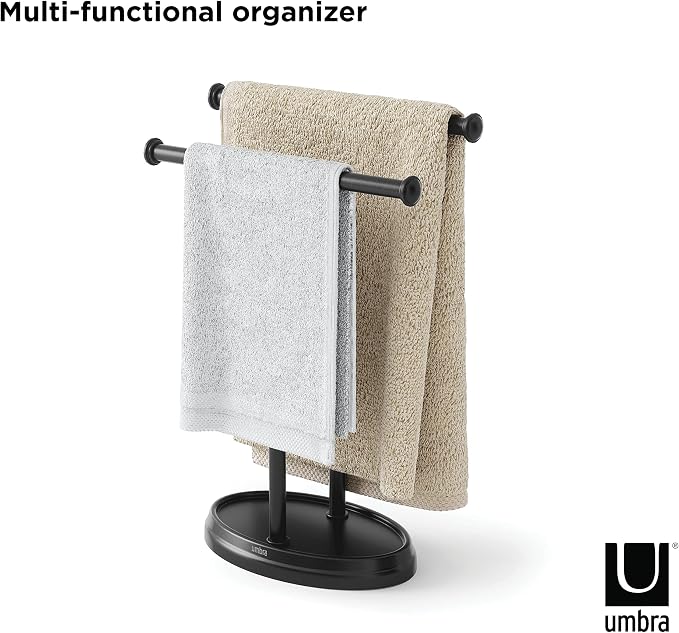 Umbra Palm Double Hand Towel Tree, Brushed Nickel 2 Towels Holder and Accessories Stand for Bathroom Vanities - Slim, Modern, Durable Bars with Base Serves as a Jewelry Tray for Rings