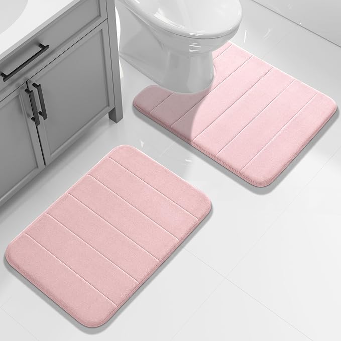 Yimobra Memory Foam Toilet Bath Mat U-Shaped, 24 X 20 Inches,Soft and Comfortable, Super Water Absorption, Non-Slip, Machine Wash and Easier to Dry for Bathroom Commode Contour Rug, Pink