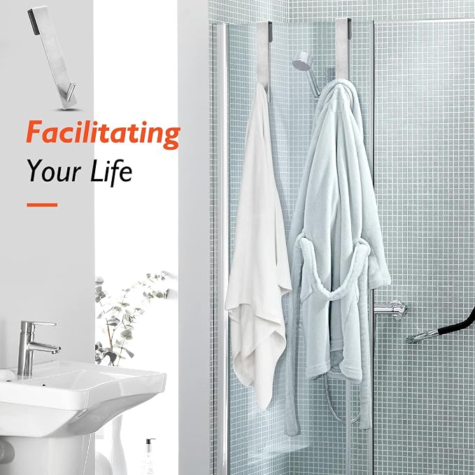 Kontoyo Shower Door Hooks(7.5 Inch),Extended Over Door Hooks for Bathroom Frameless Glass Shower Door,Stainless Steel Towel Hooks,Heavy Duty Rack Hooks for Robe,Towel-2 Pack-Silver