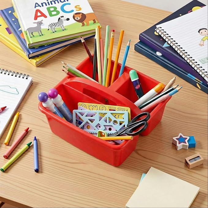 Kathfly 4 Pack Classroom Caddy Organizer with Handle, Plastic Art Craft Cleaning Caddy Bulk, Small Multipurpose Supply Organization Storage Basket for Table Desk Office Pencil Teacher (Blue Red)