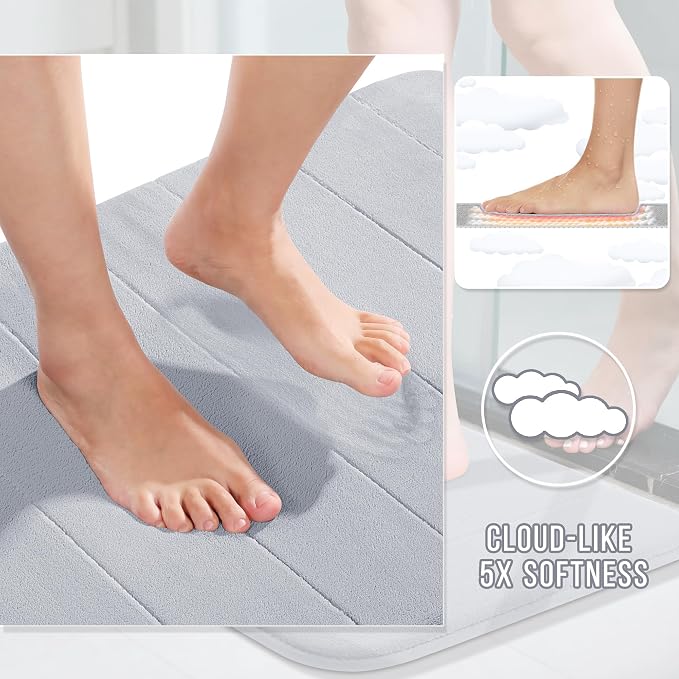 Yimobra Memory Foam Bath Mat, Super Soft Absorbent Bathroom Rug Non Slip 31.5x20 Inch, Quick Dry, Machine Washable Floor Carpet for Tub Shower, Home Decor Accessories, Silver
