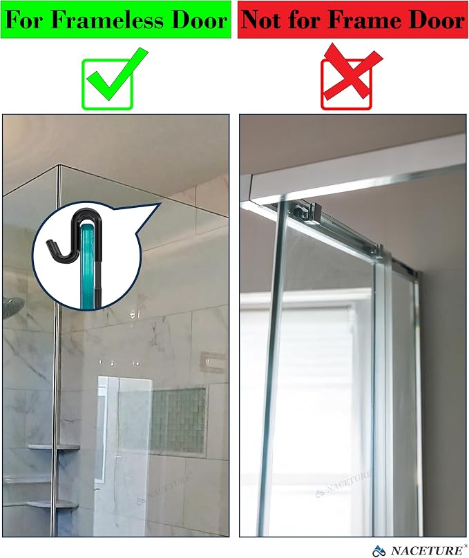 NACETURE Double Shower Door Hooks - Shower Hook Over The Door Towel Hook for Frameless Glass, Bathroom Hooks for Squeegee Rack, Robe, Organize (Black 2 Pack)