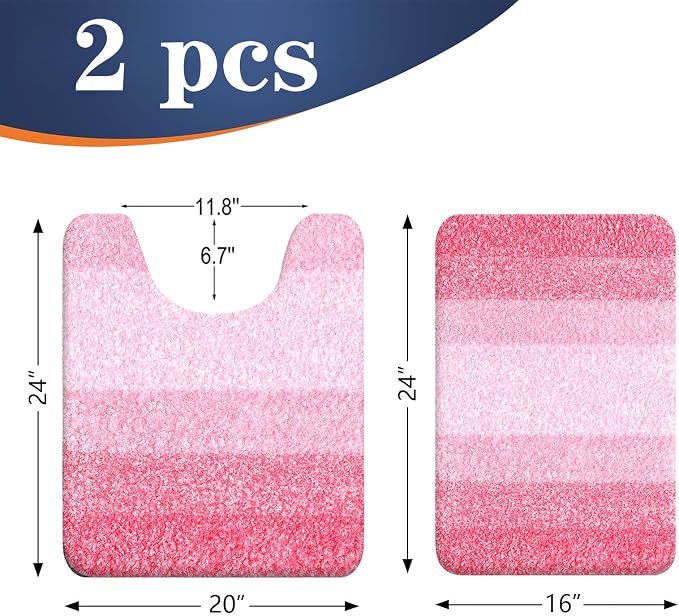 OLANLY Micorfiber Bathroom Rug Set 2 Piece, 24"x16"+U-Shaped 24"x20" | Pink, Soft Absorbent Bath Mats and Contour Toilet Rug, Non-Slip, Machine Wash Dry, Plush Shaggy Bath Mats for Bathroom