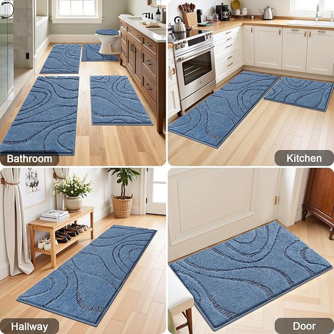 HEBE Bathroom Rugs Sets 5 Piece, Non Slip Washable Absorbent Bath Mat Set | Super Soft Plush Microfiber Bathroom Mats with Runner Set, Solid Bathmat with U-Shaped Toilet Rug Cover Set for Tub, Shower