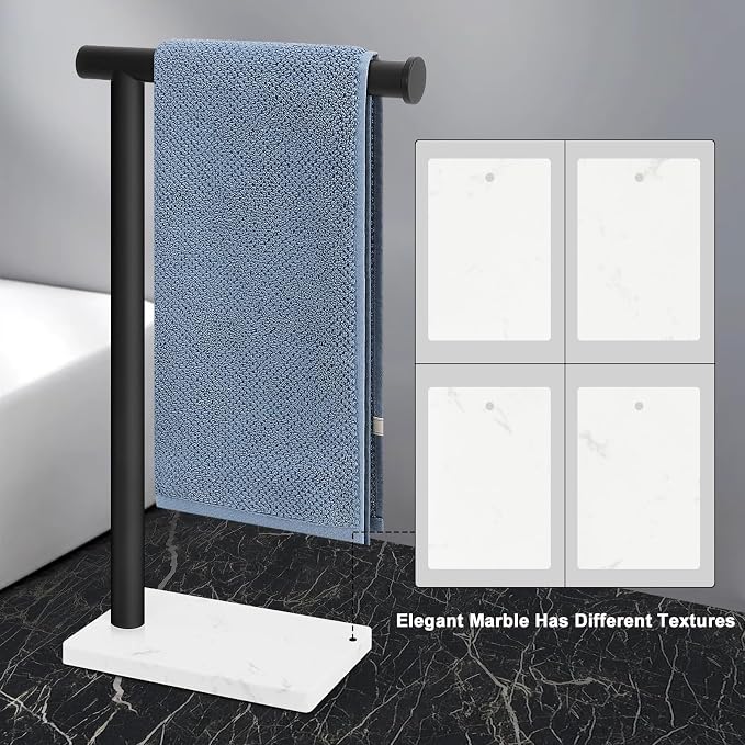 Hand Towel Holder, Hand Towel Stand for Bathroom with Marble Base, 304 Stainless Steel L Shape Hand Towel Rack Bar Standing for Vanity Kitchen Countertop, Matte Black