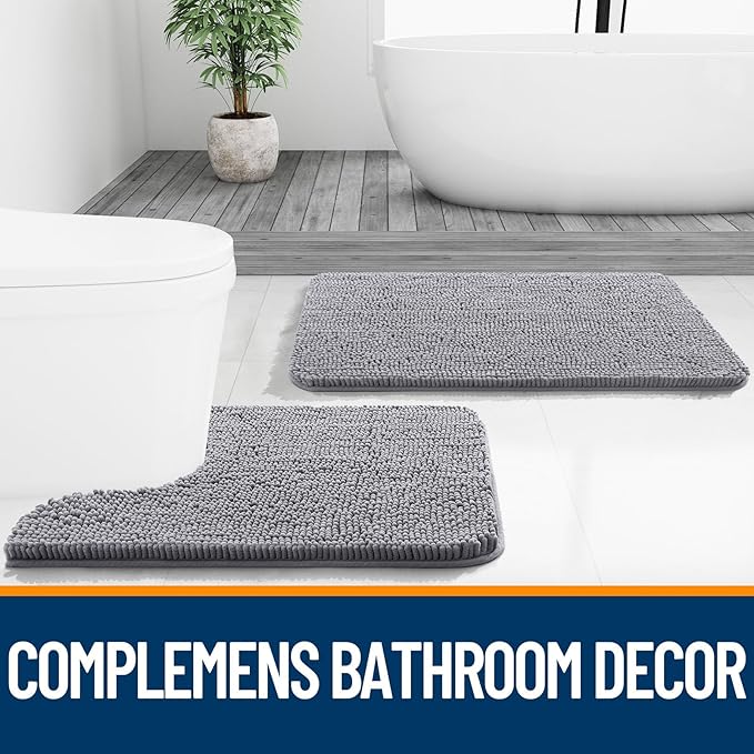 OLANLY Chenille Bathroom Rugs Mats Sets 2 Piece, 24"x16"+24"x20", Grey | Soft Absorbent Bath Mat and U-Shaped Contour Toilet Rug Set, Quick Dry, Machine Washable Bath Carpet, Home Decor Accessories