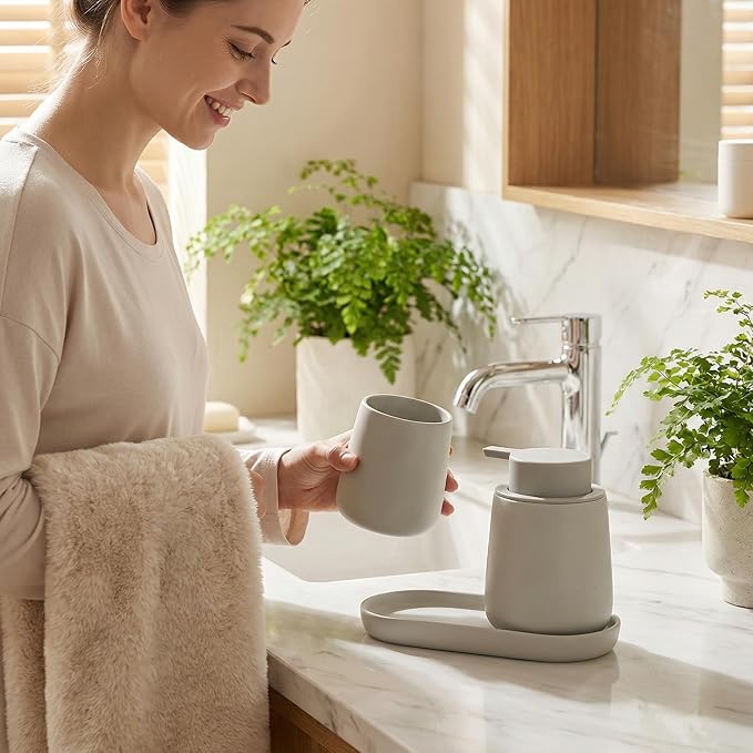 BosilunLife Ceramic Bathroom Accessories Set 3 Pcs | Foaming Soap Dispenser and Toothbrush Holder with Tray, Modern Farmhouse Vanity Decor, Light Grey Housewarming Gift