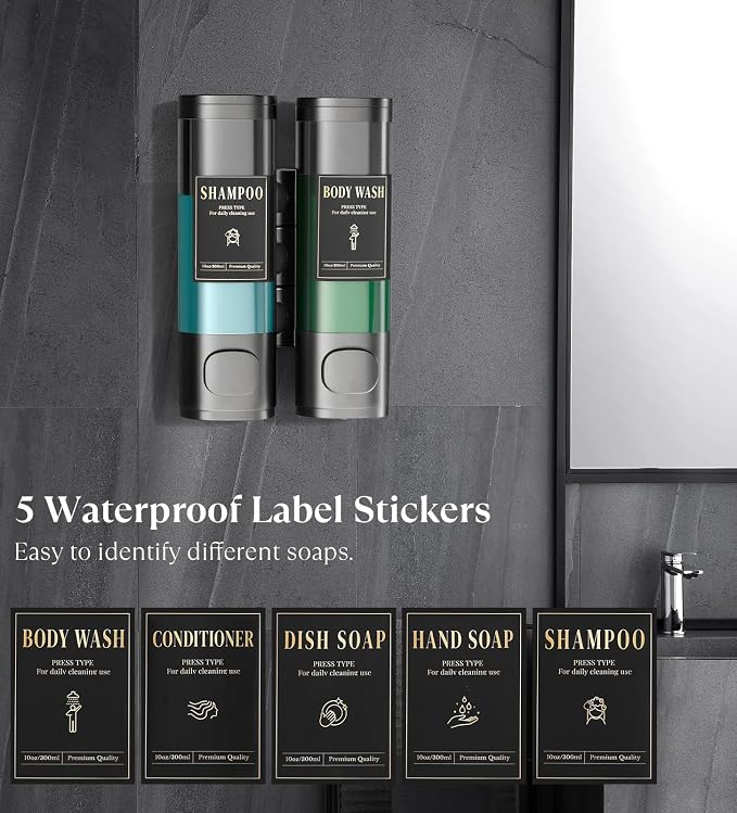 Luxspire Shampoo and Conditioner Dispenser, Shower Soap Dispenser 2-Chamber | Lockable Large Capacity 600ml No-Drill Wall-Mounted Shampoo and Body Wash Dispenser for Bathroom Hotel Kitchen Airbnb
