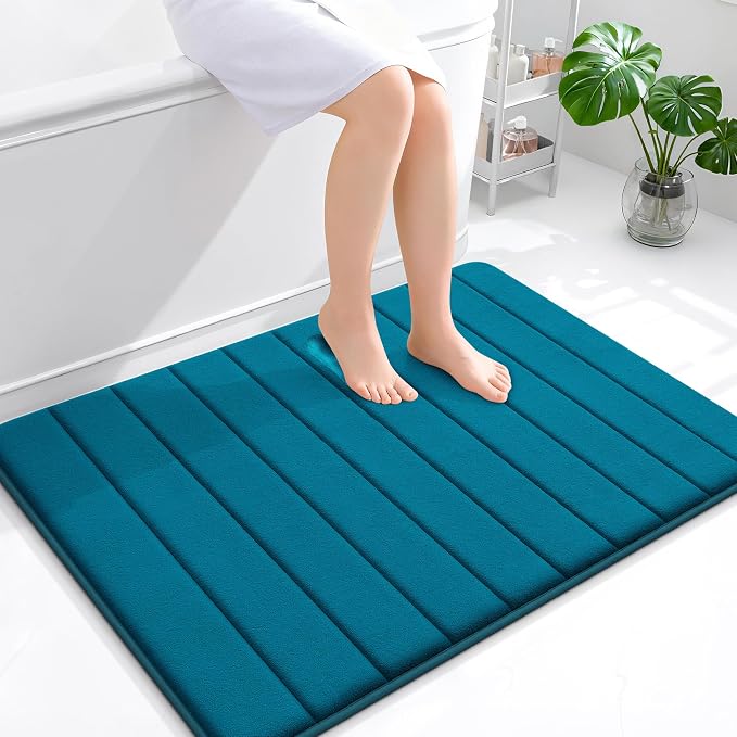 OLANLY Memory Foam Large Bath Mat 40x32, Super Soft Absorbent Bathroom Rugs | Peacock Blue, Quick Dry Bath Rug, Machine Washable Shower Floor Mats, Bathmat Carpet for Bathroom Floor, Tub and Shower