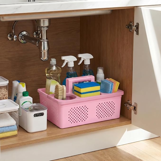 KMV Dorm Room Portable Shower Caddy with Adjustable Compartments - Ventilated Drainage Design with Handles, Perfect Toiletries Organizer for College Dorms-pink