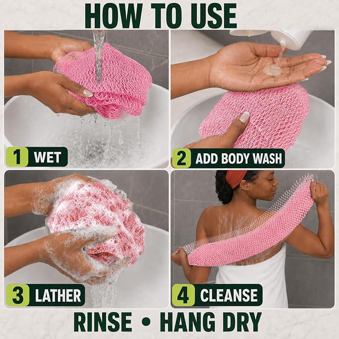 Authentic African Net Sponge, 4 Pack 45-Inch Exfoliating Bath Sponge and Shower Loofah for Body and Back, Colorfast Quick-Dry Knotted Mesh Scrubber with Travel Pouch