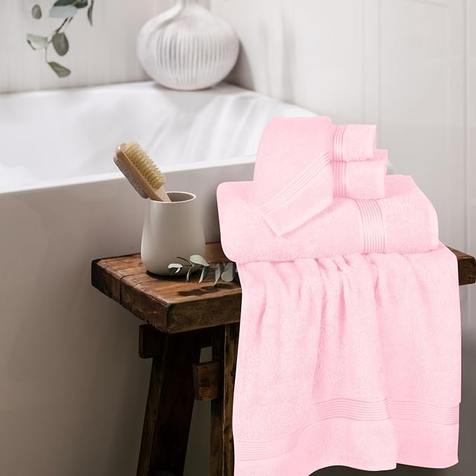 Ultra Soft 6 Pack Cotton Towel Set, Contains 2 Bath Towels 28x55 inch, 2 Hand Towels 16x24 inch & 2 Wash Coths 12x12 inch, Ideal Everyday use, Compact & Lightweight - Pink