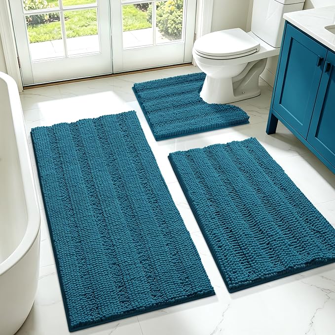 ACCUMTEK Comfydew Striped Teal Blue Bathroom Rug Set 3 Pieces Ultra Soft, Non Slip Chenille Toilet Mat, Absorbent Plush Shaggy Bath Mats for Bathroom, Bedroom, Kitchen