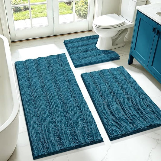 ACCUMTEK Comfydew Striped Teal Blue Bathroom Rug Set 3 Pieces Ultra Soft, Non Slip Chenille Toilet Mat, Absorbent Plush Shaggy Bath Mats for Bathroom, Bedroom, Kitchen
