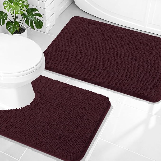 OLANLY Chenille Bathroom Rugs Sets 2 Piece, 30"x20"+24"x20", Black Cherry | Soft Absorbent Bath Mat and U-Shaped Contour Toilet Rug Set, Quick Dry, Machine Washable Bath Carpet, Home Decor Accessories