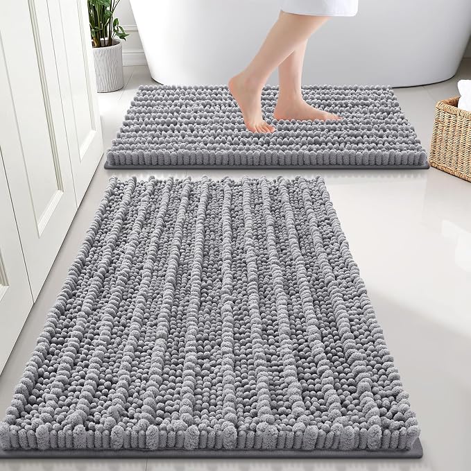 Smiry Bathroom Rugs Sets 2 Piece (30x20+24x16), Extra Soft Bath Mats | Grey Soft Absorbent, Rubber Backing Machine Washable Quick Dry Chenille Bath Rug Set for Tub, Shower, and Floor