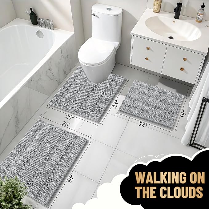 OLANLY Thick Chenille Bathroom Rugs Sets 3 Piece, 47"x20"+24"x16"+24"x20" | Light Grey, Absorbent Bath Mats and U-Shaped Contour Toilet Rug, Home Decor Accessories, Bath Mat Set for Bathroom