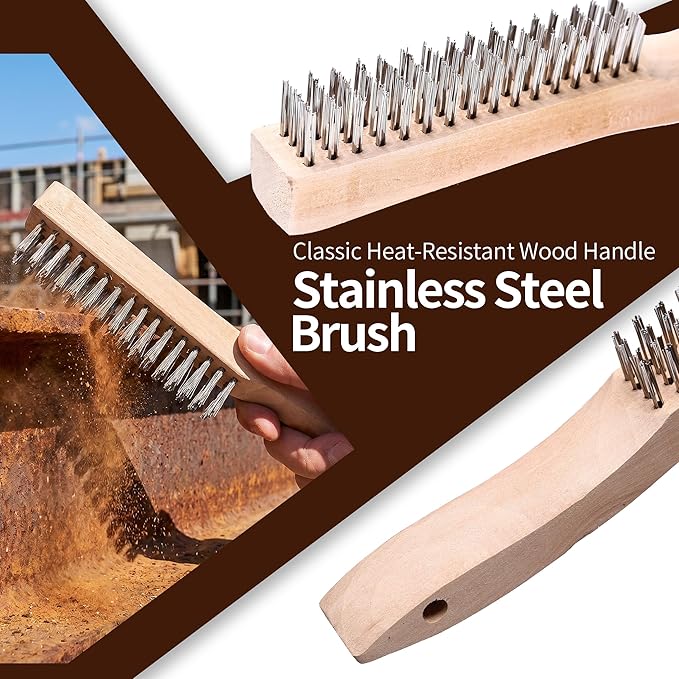 10-Piece Wire Brush Set - Heavy Duty Scratch Brushes with Stainless Steel & Nylon Bristles, Includes 2 Wood Handle Brushes and 2 Metal Scrapers for Welding Slag, Paint & BBQ