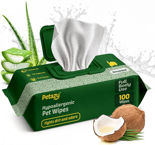 Pet Wipes for Dogs & Cats - Paws, Ears & Butt Cleaning, 100 Count | Unscented, Hypoallergenic for Sensitive Skin, XL, Extra Thick, Tear-Resistant, Deodorizing, Aloe & Coconut Oil, Travel Size