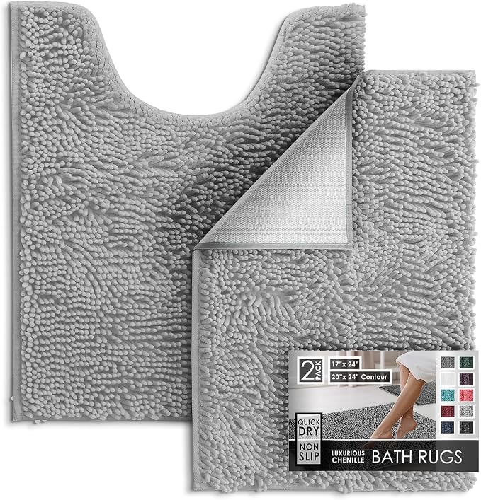 Hearth & Harbor Bathroom Rugs, Chenille Bath Mat - Machine Washable Bath Mats for Bathroom Non-Slip Backing Rubber, Quick Dry Bathroom Mat - Silver 17x24-20x24
