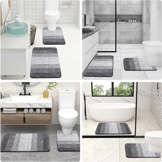 OLANLY Microfiber Bathroom Rugs Sets 3 Piece, 47"x20"+24"x16"+24"x20" | Grey, Soft Absorbent Bath Mats and U-Shaped Contour Toilet Rug, Plush Shaggy Bath Mat Set for Bathroom