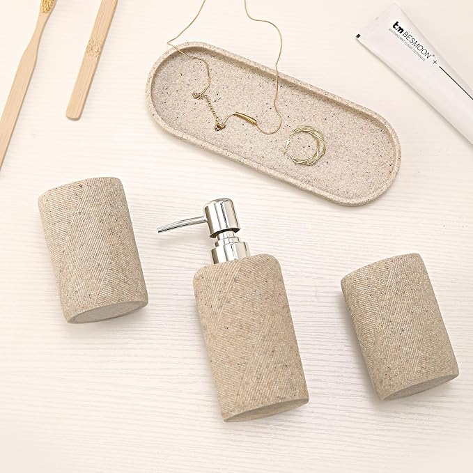 Bathroom Accessories Set,4 PCS Bathroom Organizer,Sand Stone Look,Beige | Simple, Modern Decor, Twill, With 10OZ Soap Dispenser and Toothbrush Holder, Tumbler, Vanity Tray for Bathroom Countertop