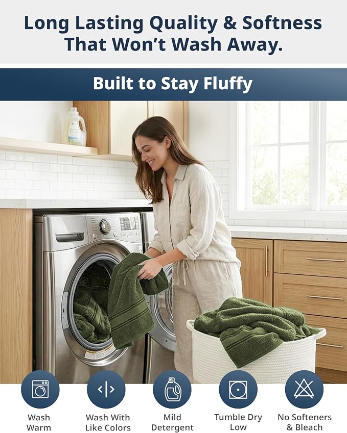 LANE LINEN Towel Set Soft Absorbent Quick Dry 100% Cotton - Oil Green | Cotton Bath Towels - Lightweight & Breathable, Fade-Resistant Color, Classic Terry Weave, Densely Woven, Coordinated Colors