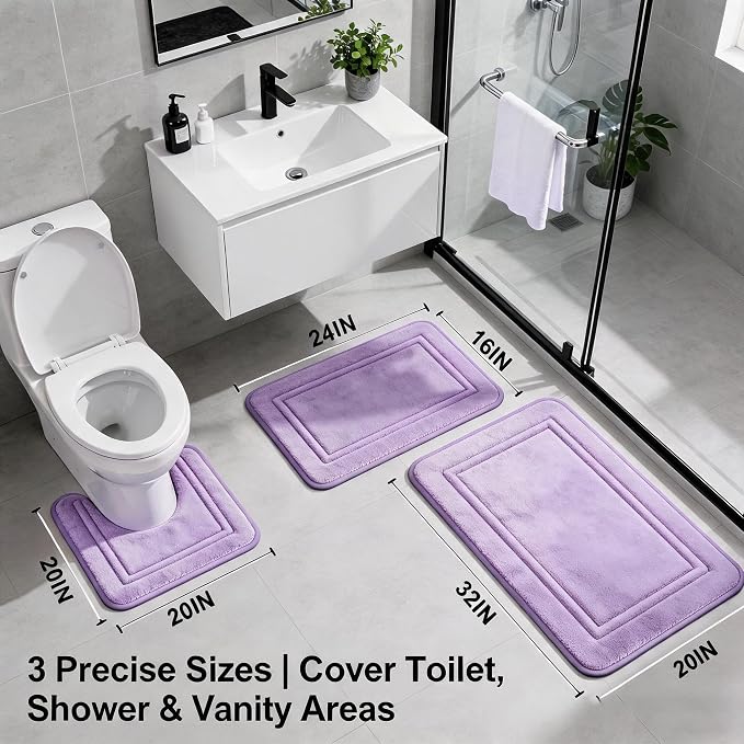 3 Piece Bath Rug Set Memory Foam Non-Slip, Bordered Toilet Rug, Lavender | Spa & Relaxing Decor — Soft Lavender bath mats, absorbent and washable, with a U-shaped toilet mat.
