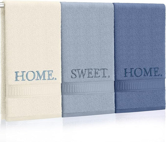 3 Pcs Hand Towels Bathroom Set,Blue,Home Sweet Home | Embroidered Cotton Farmhouse Towels, Kitchen Decor, Rustic Boho Decorative with Text Labels, Guest Bath Home