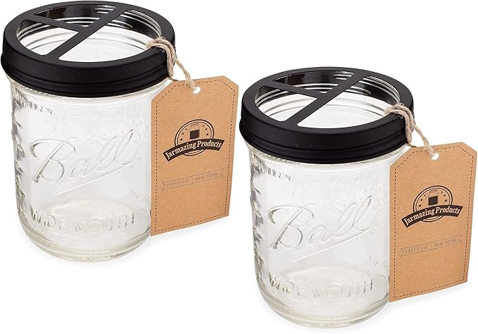 Jarmazing Products Mason Jar Toothbrush Holder – Black – with 16 Ounce Ball Mason Jar – Made from Rust-Proof Stainless Steel - Two Pack