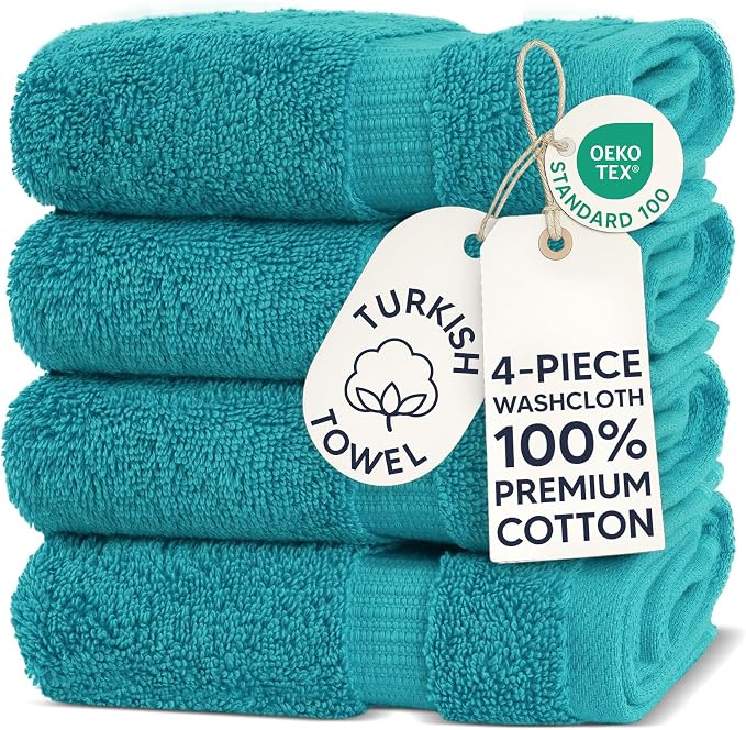 Chakir Turkish Linens 100% Cotton 4-Pack Washcloths 13x13, Aqua | 100% cotton washcloths, 4-pack 13x13, OEKO-TEX certified, soft absorbent face towels