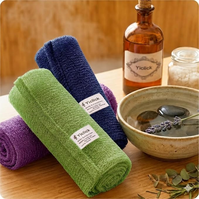 Exfoliating Washcloth Towel- Exfoliating Body Scrubber Exfoliator, Back Scrubber for Shower Bath, Exfoliate Rags Wash Cloths, Loofah Lufa Sponge, Deep Blue + Deep Purple + Olive Green