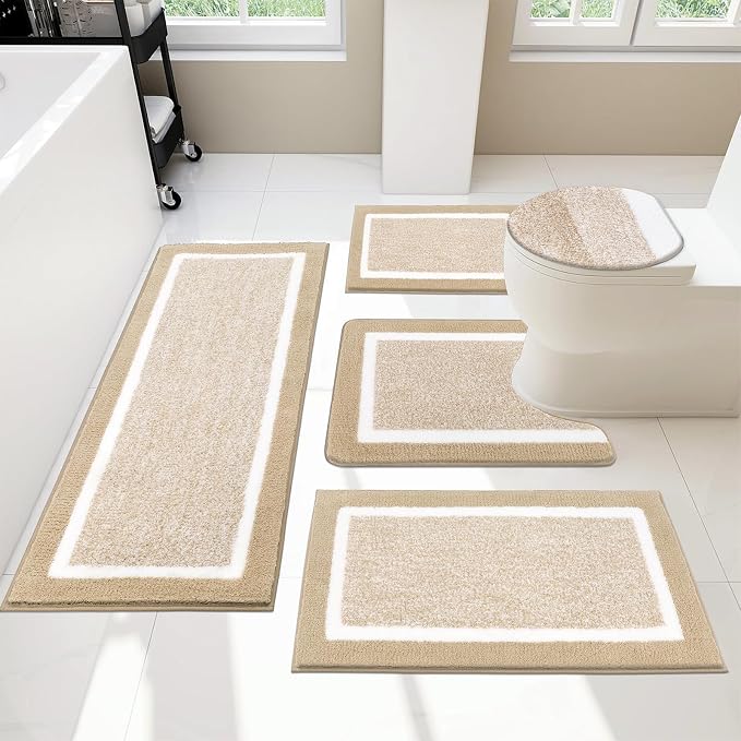 Pauwer Bathroom Rugs Set 5 Piece, Non Slip Microfiber Bath Mat, Beige | Washable Bathroom Mat with U Shaped Toilet Rug, Long Shower Runner, Toilet Lid Cover, Quick Dry Absorbent Plush Floor Carpet