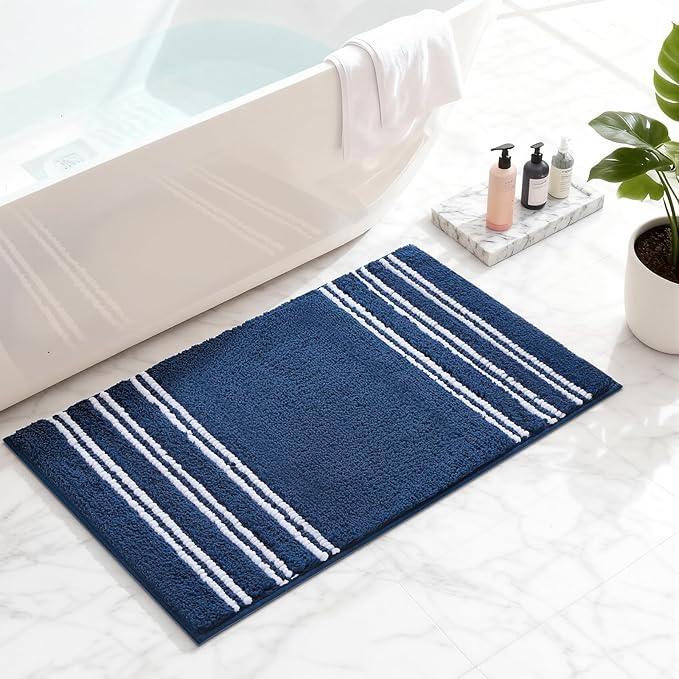 Kmson Bathroom Rugs Mat, 20"x32" Ultra Soft Washable Shaggy Chenille Bath Rugs, Non-Slip Fluffy Thick Water Absorbent Microfiber Mat for Bathtub, Sink and Shower, Navy Blue