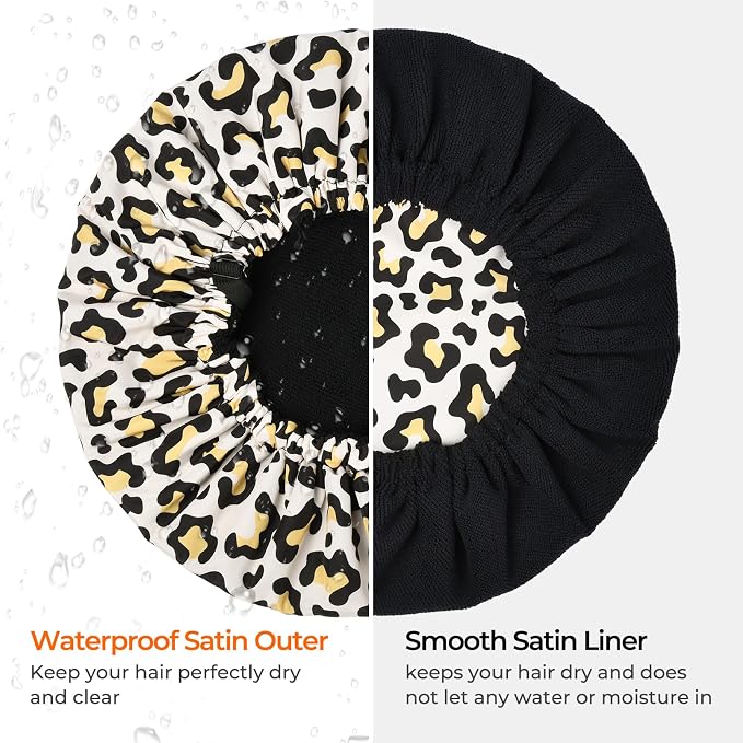 Shower Cap for Women Terry Lined Bath Cap Large Reusable Waterproof Elastic Band Leopard Shower Caps for Long Thick Hair Soft Bath Shower Hair Caps