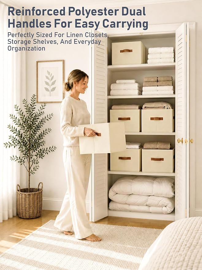 10 Pack Large Closet Storage Baskets Bins for Shelves, Collapsible Fabric Closet Organizers and Storage with Polyester Handles, Decorative Baskets for Organizing Clothes, Towels, Linen Closet 14"x10"
