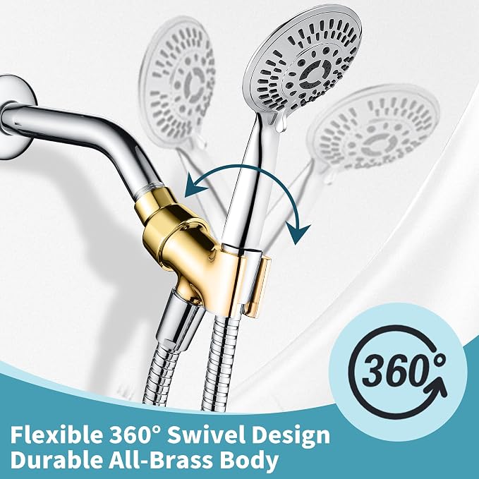 BRIGHT SHOWERS All Metal Handheld Shower Head Holder, Adjustable Shower Arm Mount with 360 Degree Rotatable Brass Ball Joint and Hose Connector, Universal Wall Hook Bracket, Chrome