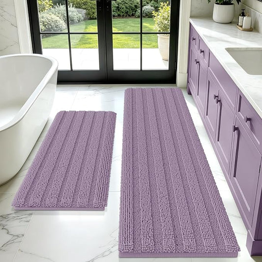 ACCUMTEK Striped Lavender Bathroom Rug Mat Set 2 piece 32"x20"+60"x20" Ultra Soft, Non Slip Chenille Bath Rugs, Absorbent Plush Shaggy Bath Mats for Bathroom, Bedroom, Kitchen, Shower, Tub