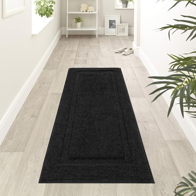 SHACOS Soft Microfiber Bathroom Rugs Set of 2 Pieces, Black | 47x20 + 32x20, Absorbent Plush Bath Rugs, Non Slip Washable Shaggy Bath Mats, Fluffy Bathroom Runner Floor Mats Shower Rug