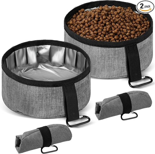 2 Pack Portable Travel Dog Bowl Foldable with Carabiner,Gray,40 Oz | Collapsible Travel Dog Dish for Hiking, Waterproof Liner, Includes 2 Carabiner Clips, Fits Small to Large Pets