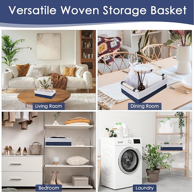 Wicker Storage Basket with Wooden Handle – Paper Rope Decorative Toilet Paper Baskets & Bathroom Organizer for Toilet Tank Top, Shelves, Bedroom, Countertop,Home,Office Storage Bins,2 Pack,Navy Blue