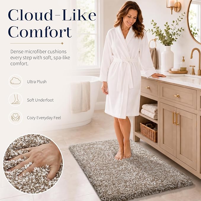 Yimobra Bath Rugs for Bathroom 32X20, Ultra Soft and Water Absorbent Bath Mats, Non Slip Plush Shower Rugs, Microfiber Thick Matts for Bathroom Floor/Tub, Machine Washable, Light Brown and White