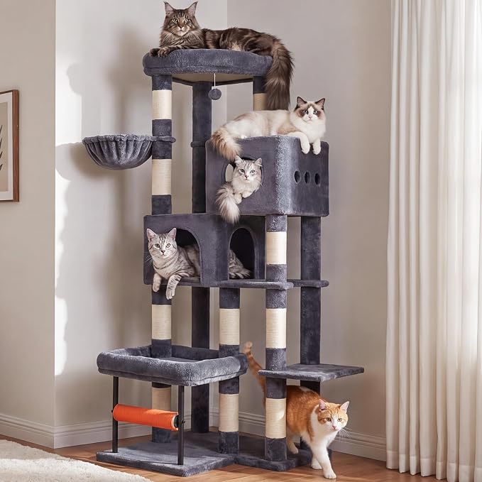 Hey-brother Cat Tree Tower with Stable L-Shaped Widen Base, Condo, MPJ086G | 68.5 Inches Multi-Level Furniture with 2 Platforms, 11 Scratching Posts, Hammock and Toys Ball for Indoor Cats, Smoky Gray