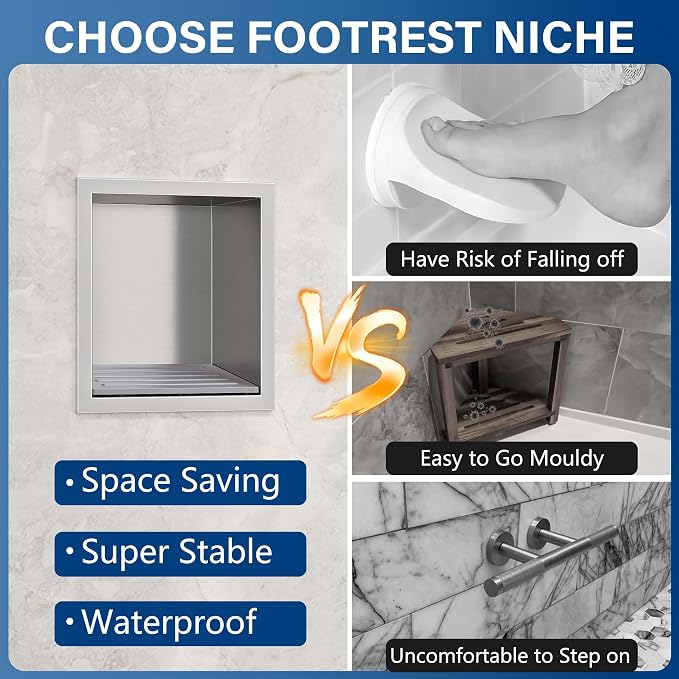 Neodrain Shower Foot Rest for Shaving Legs, 304 Stainless Steel Shower Niche, Recessed Shower Step for Shaving Legs,Niche for Shower Wall, Bathroom Foot Rest (Brushed, 6.7" x 6")