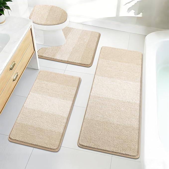 Bsmathom Bathroom Rug Set 4 Piece, Plush Microfiber Bath Mat, Light Beige | Extra Water Absorbent, Non Slip Washable Runner Bath Rugs with Toilet Lid Cover and U-shaped Contour Toilet Mat