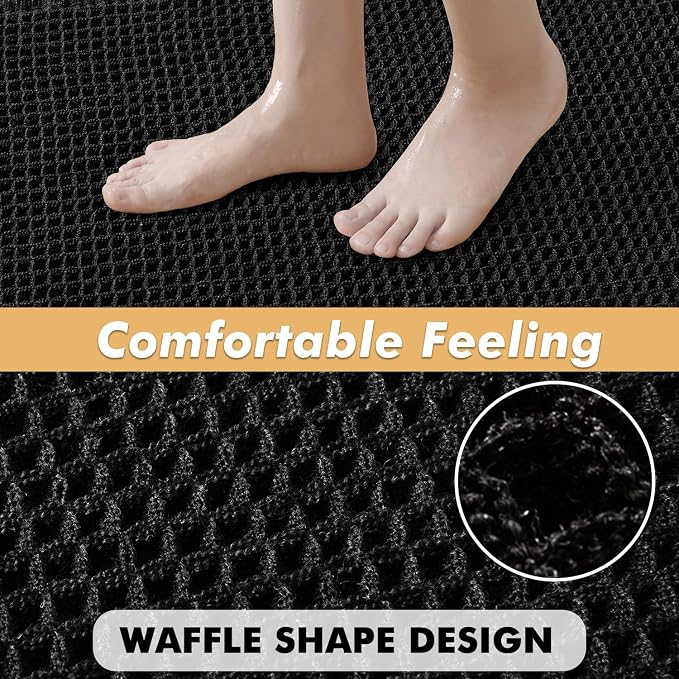 MIULEE Set of 2 Waffle Bathroom Rugs Boho Bath Mat Black 18x30 Inch | Non Slip, Super Absorbent, Washable, Ultra Soft, Rubber Backed Bath Rugs for Bathroom Floor Tub Shower