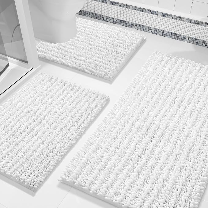 Yimobra Bathroom Rug Set 3 Piece, Super Water Absorbent Bath Mat Set, White | Quick Dry Soft Chenille Bath Rugs & Toilet Rug, Non Slip Machine Washable, Extra Thick Shaggy Floor Mat for Shower Tub Sink