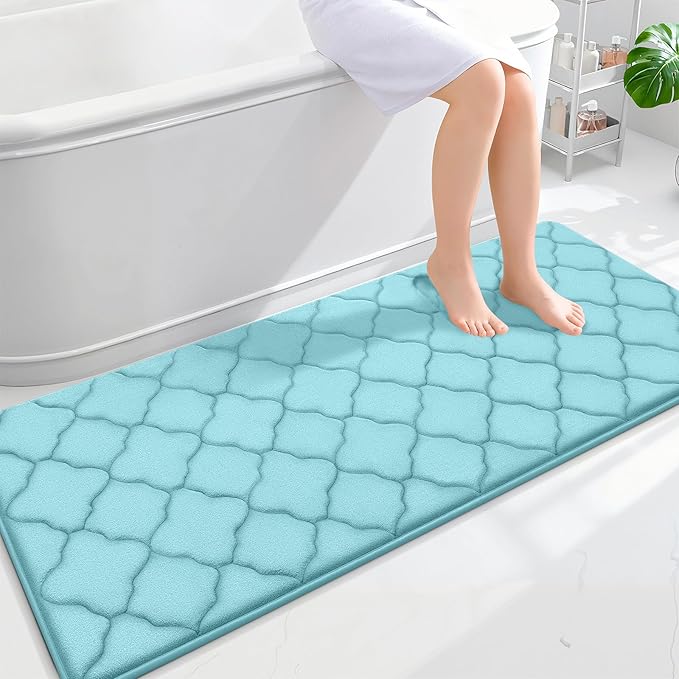 OLANLY Memory Foam Bath Mat Rug 59x24, Ultra Soft Bathroom Rugs, Sky Blue | Thick Absorbent Carpet, Non-Slip Backing, Machine Washable, for Bathroom Floor, Tub, Shower and Home Decor Accessories