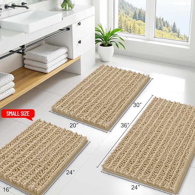 Smiry Bathroom Rugs 30X18, Extra Soft Rubber Backing Chenille Bath Mats | Beige Machine Washable Non Slip Quick Dry Bath Mats for Bathroom Floor, Tub, Shower, Home Decor Accessories