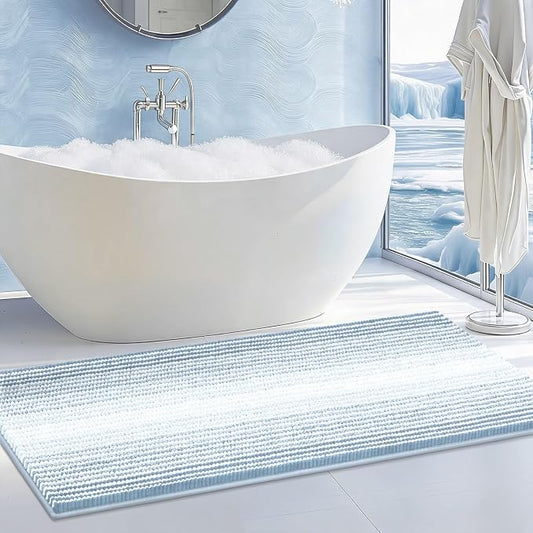 BSICPRO Large Bathroom Rugs Runner, 22x60 Striped Bath Mats, Ice Blue | Non Slip Chenille Backing, Extra Soft Absorbent, Quick Dry Machine Washable, Shower Rug for Bathroom Bedroom Decor